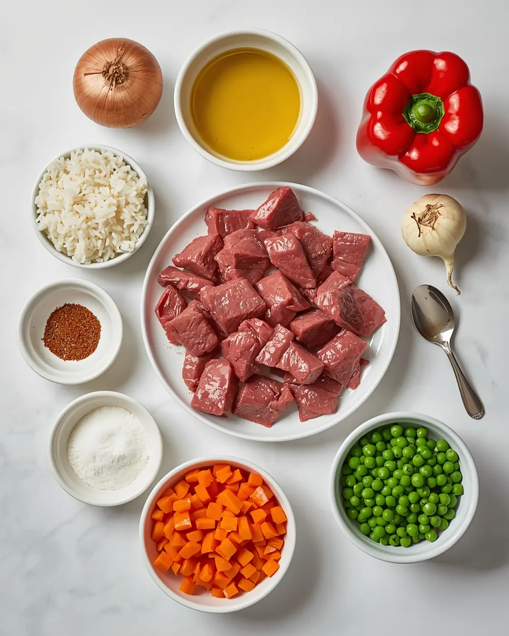 Ingredients for beef and rice skillet