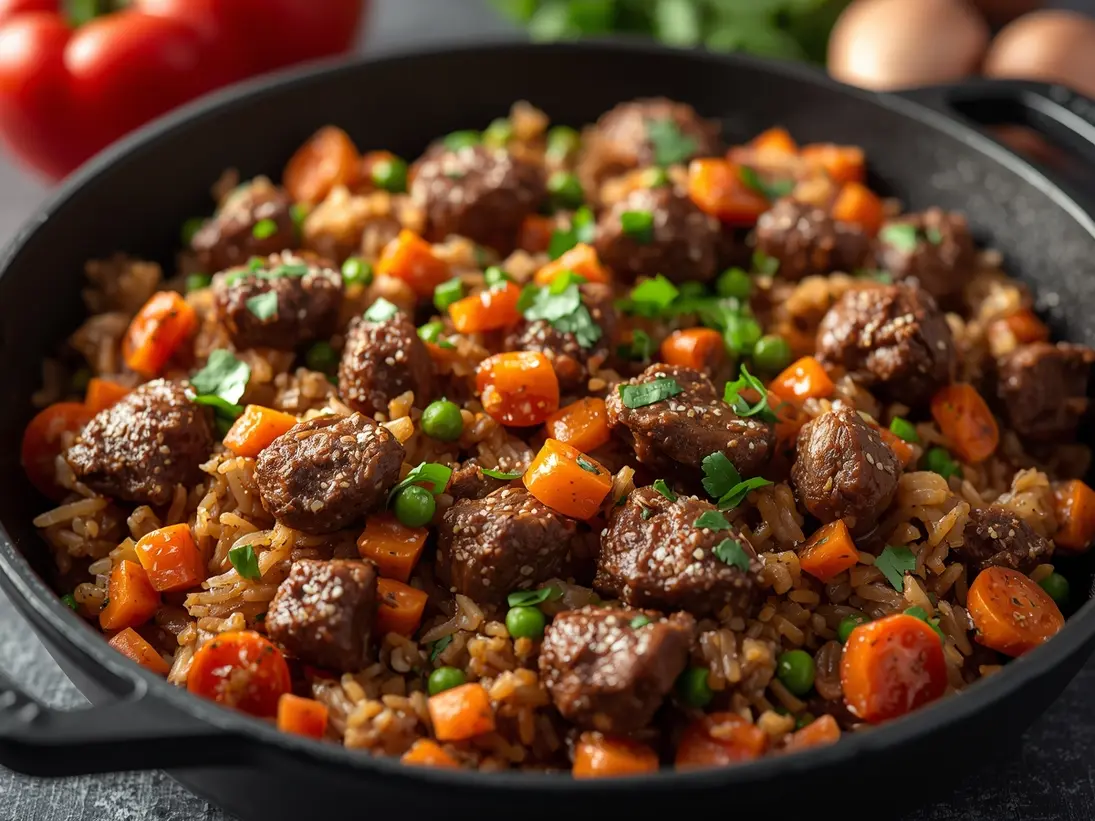 beef and rice skillet ready to serve