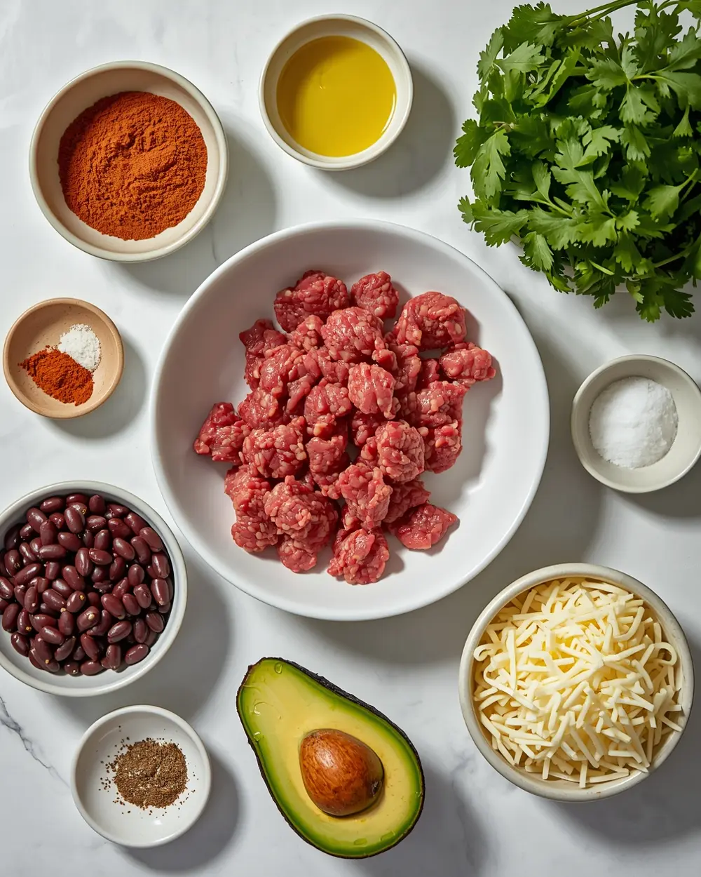 Ingredients for ground beef burrito bowl
