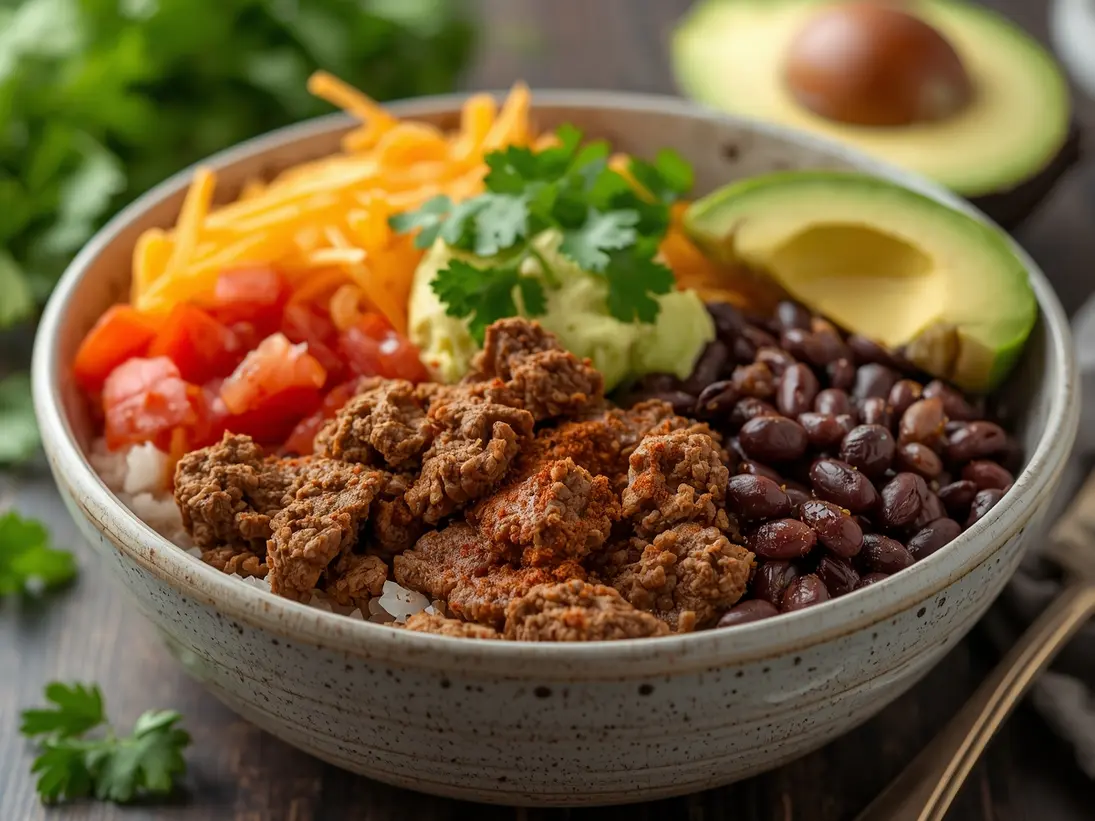 ground beef burrito bowl ready to serve