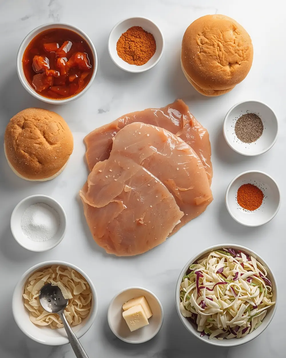 Ingredients for BBQ pulled chicken sandwiches family