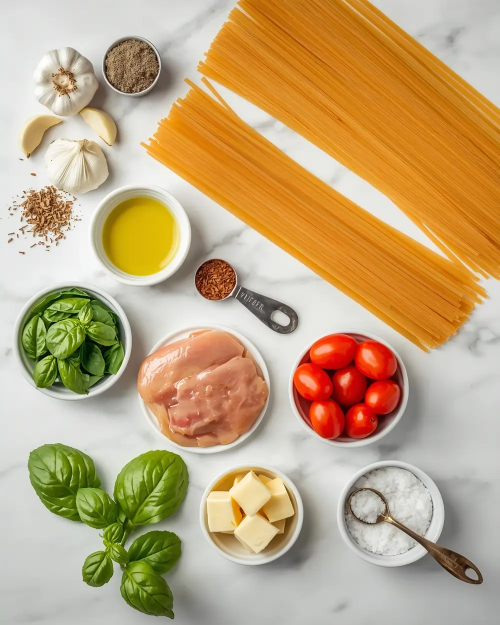 Ingredients for burst cherry tomato pasta family