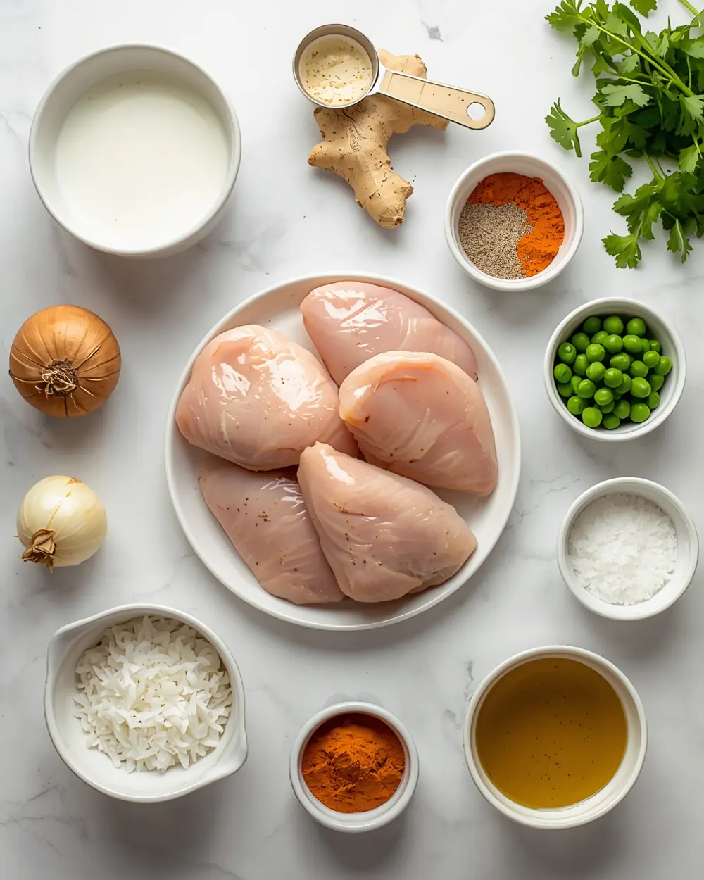 Ingredients for creamy coconut chicken curry family