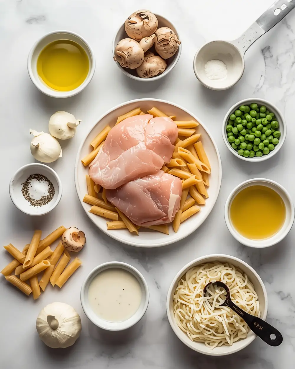 Ingredients for creamy mushroom chicken pasta family