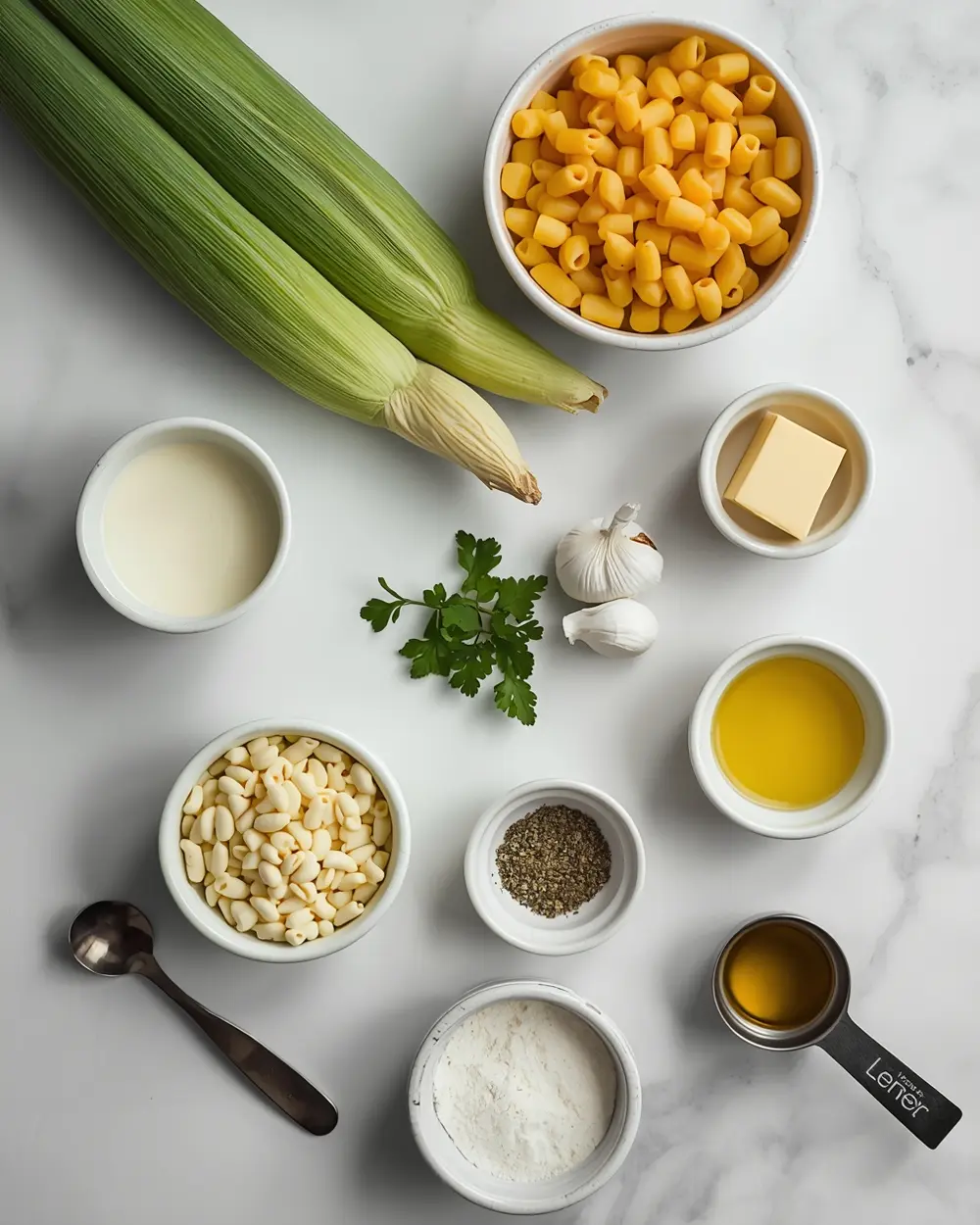 Ingredients for creamy summer corn pasta family