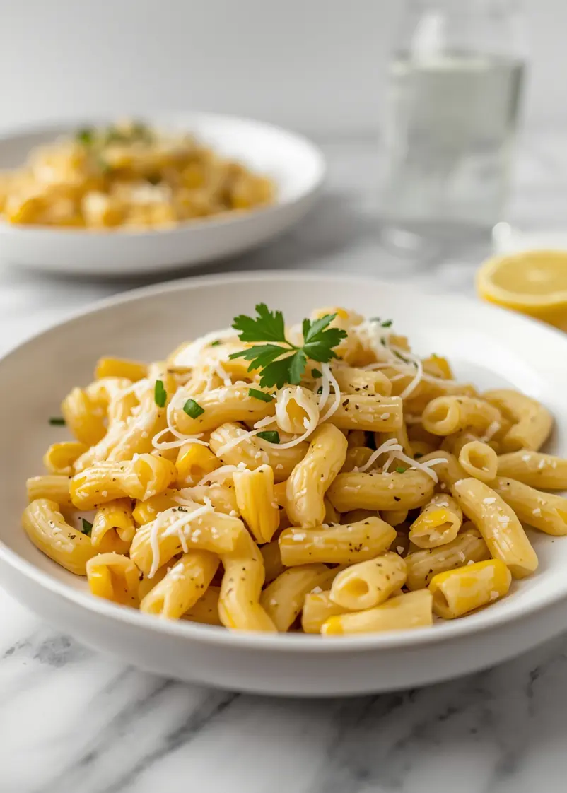 creamy summer corn pasta family ready to serve