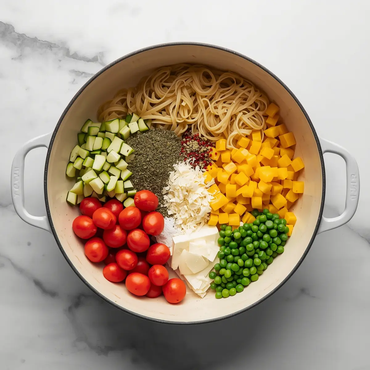 Cooking instructions for creamy summer vegetable pasta family