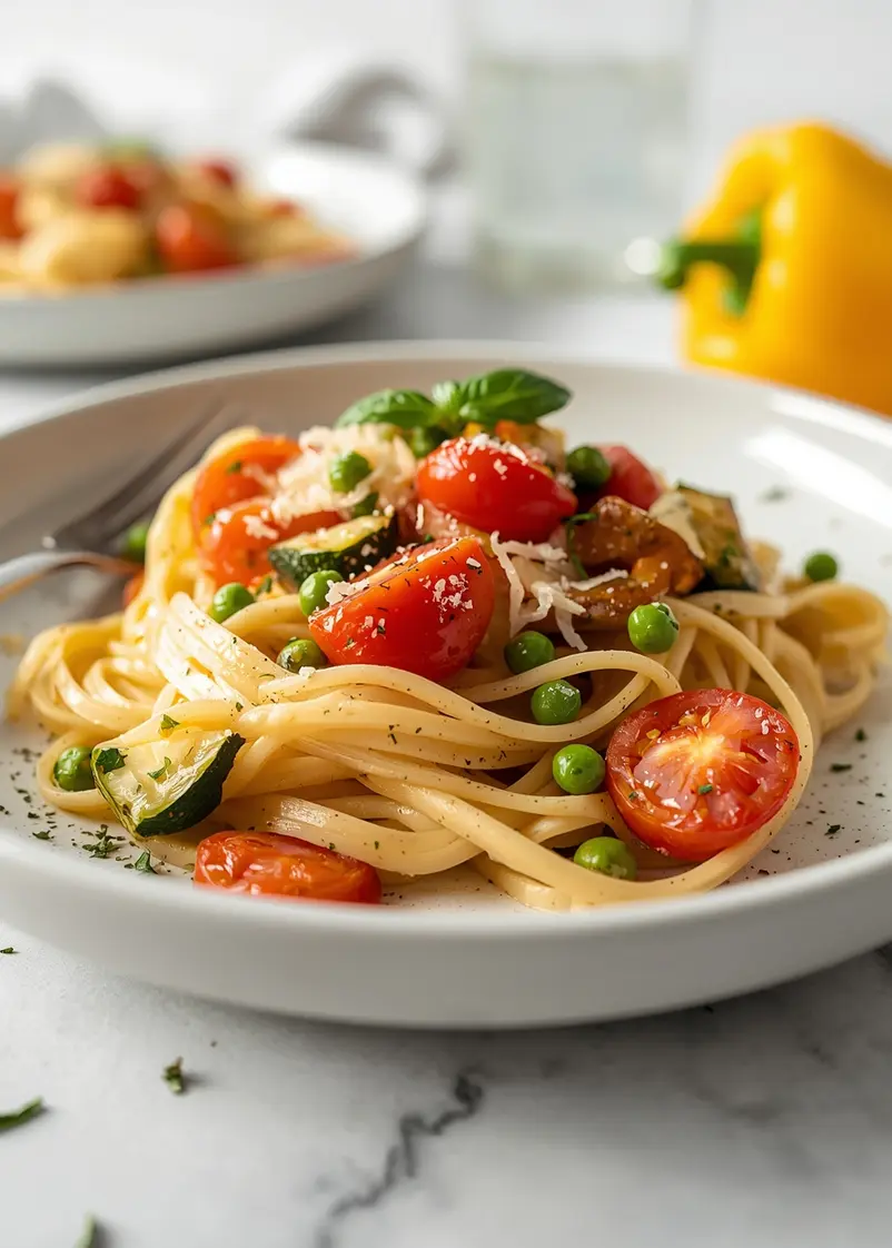 creamy summer vegetable pasta family ready to serve