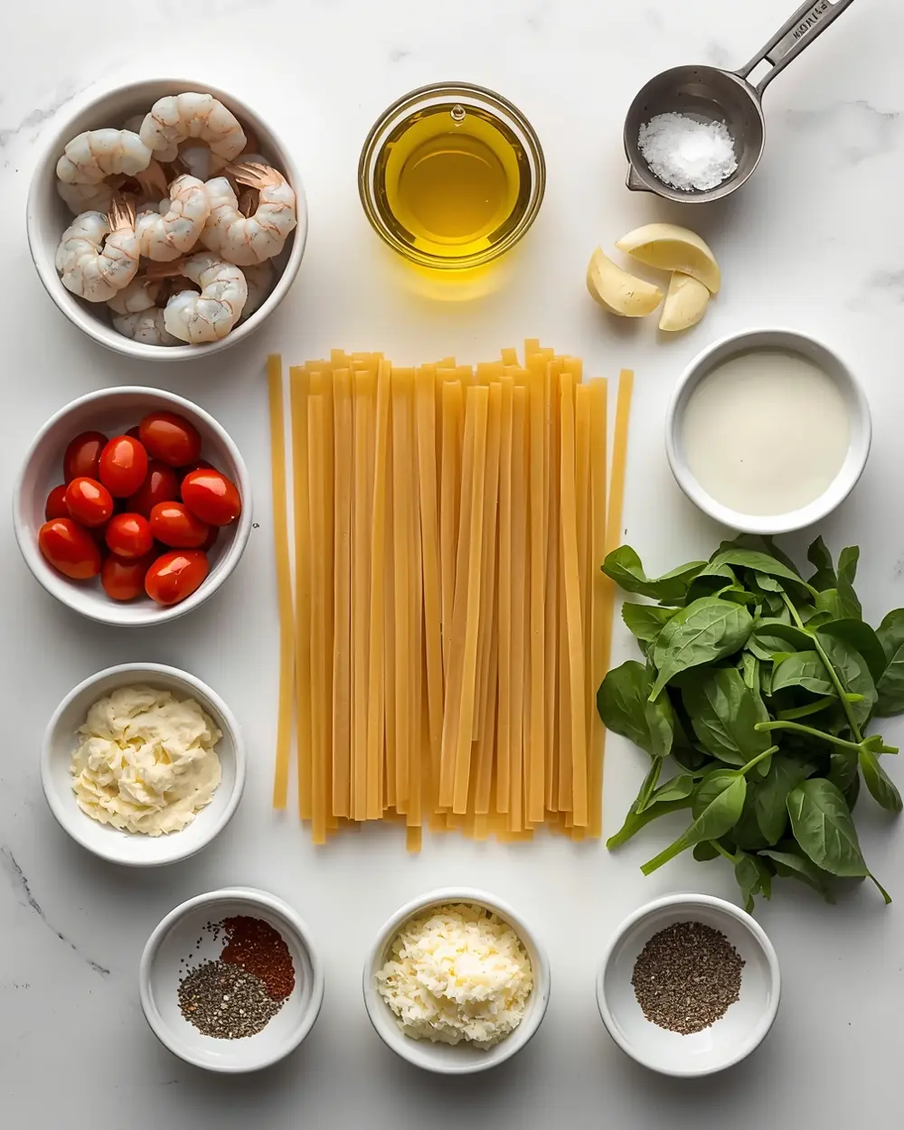 Ingredients for creamy tuscan shrimp pasta family