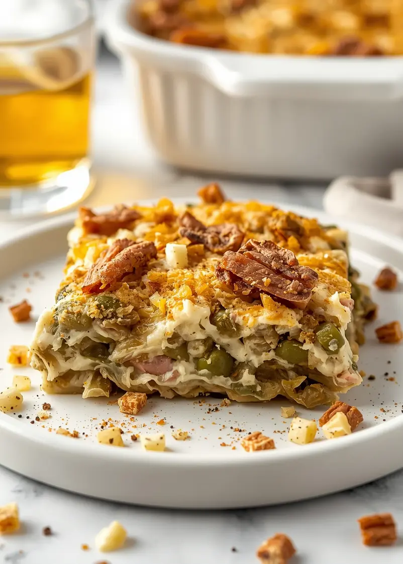 Golden green bean casserole topped with crispy fried onions, served in a white baking dish with a hint of pepper