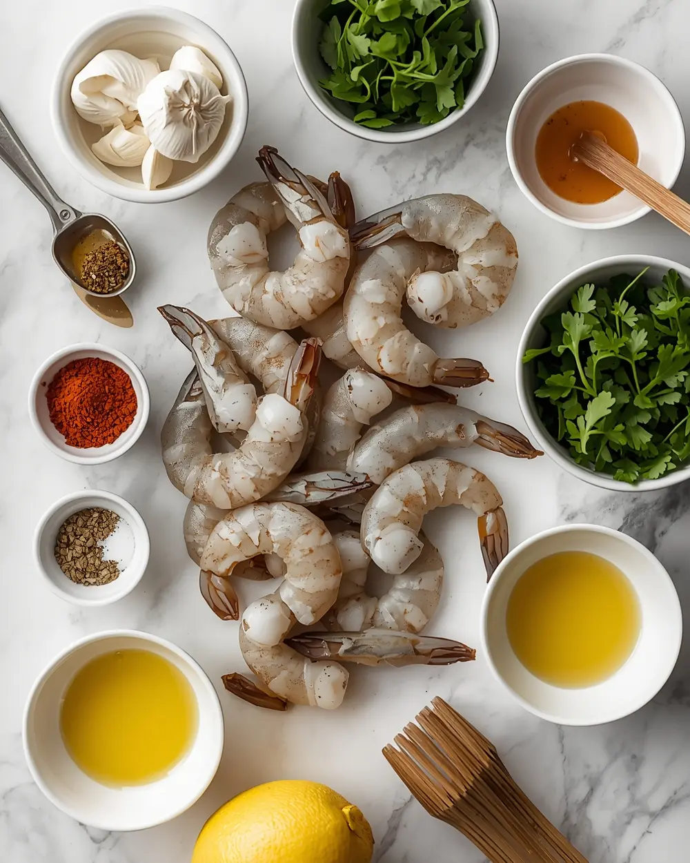 Ingredients for grilled shrimp skewers family