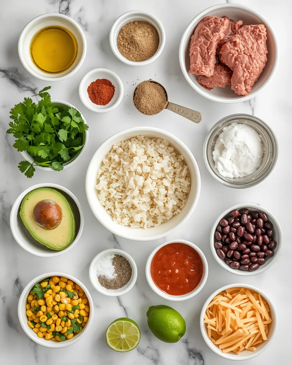 Ingredients for ground turkey taco bowls family