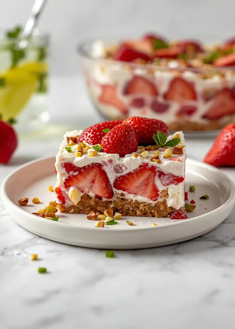 strawberry pretzel salad family ready to serve
