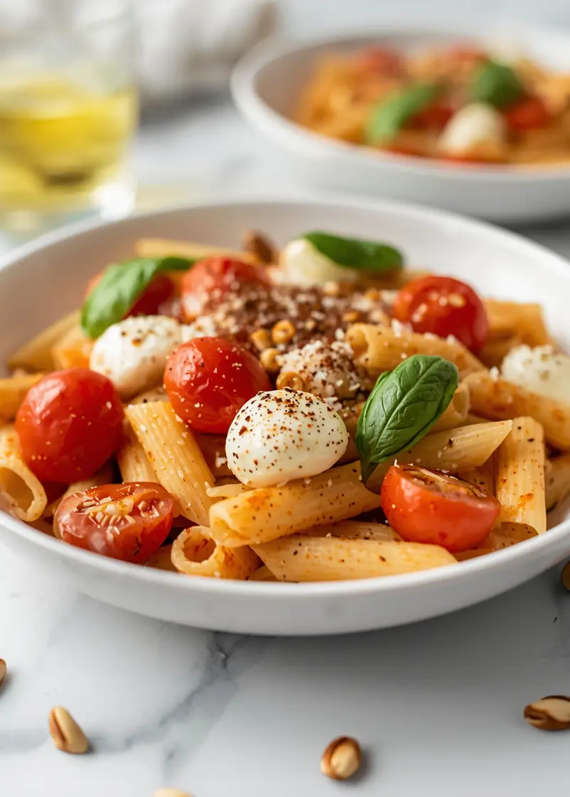 summer caprese pasta family ready to serve
