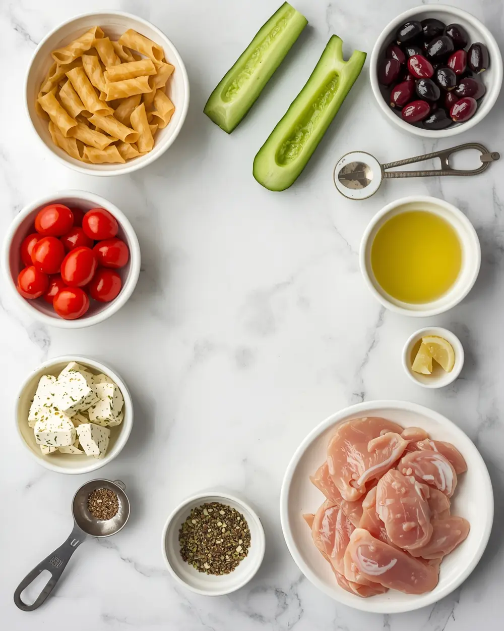 Ingredients for Greek pasta salad family summer