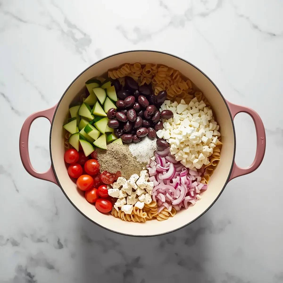 Cooking instructions for Greek pasta salad family summer