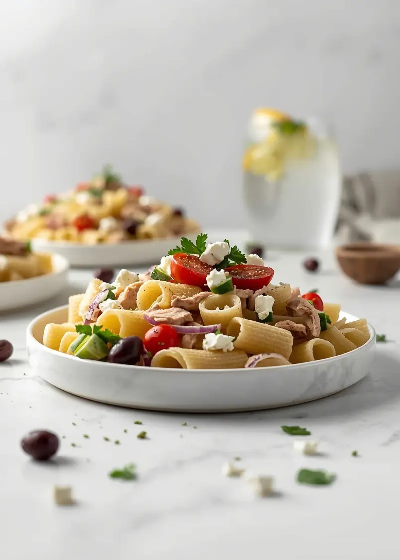 Greek pasta salad family summer ready to serve