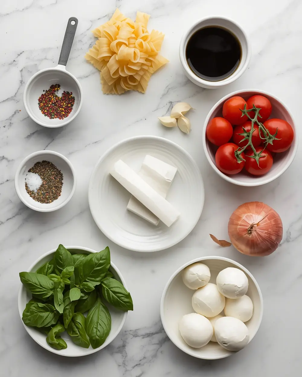 Ingredients for caprese pasta salad family summer