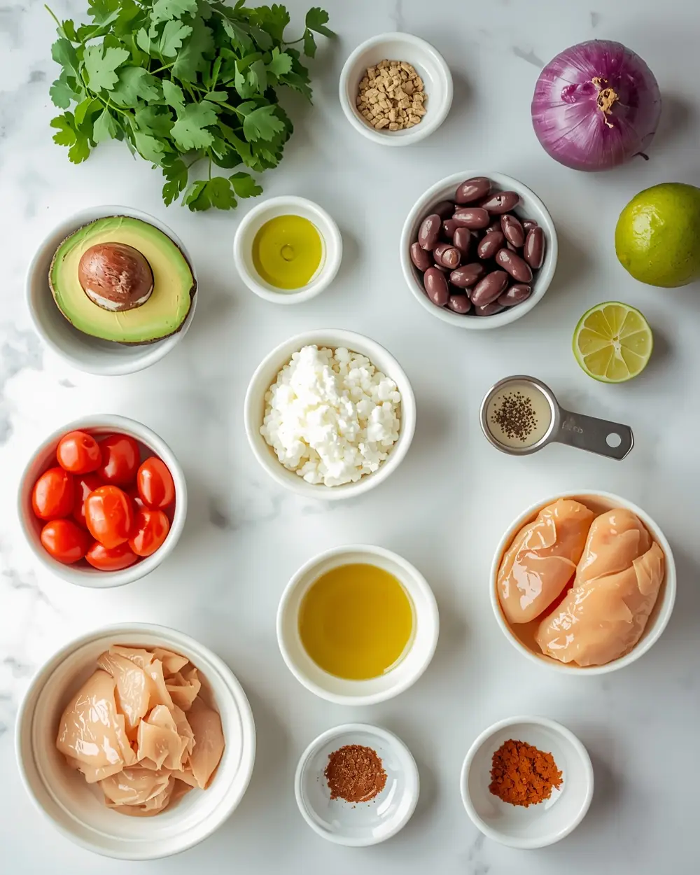 Ingredients for chicken avocado bowl family summer