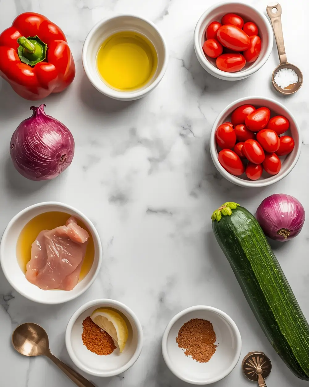 Ingredients for chicken vegetable skewers family summer