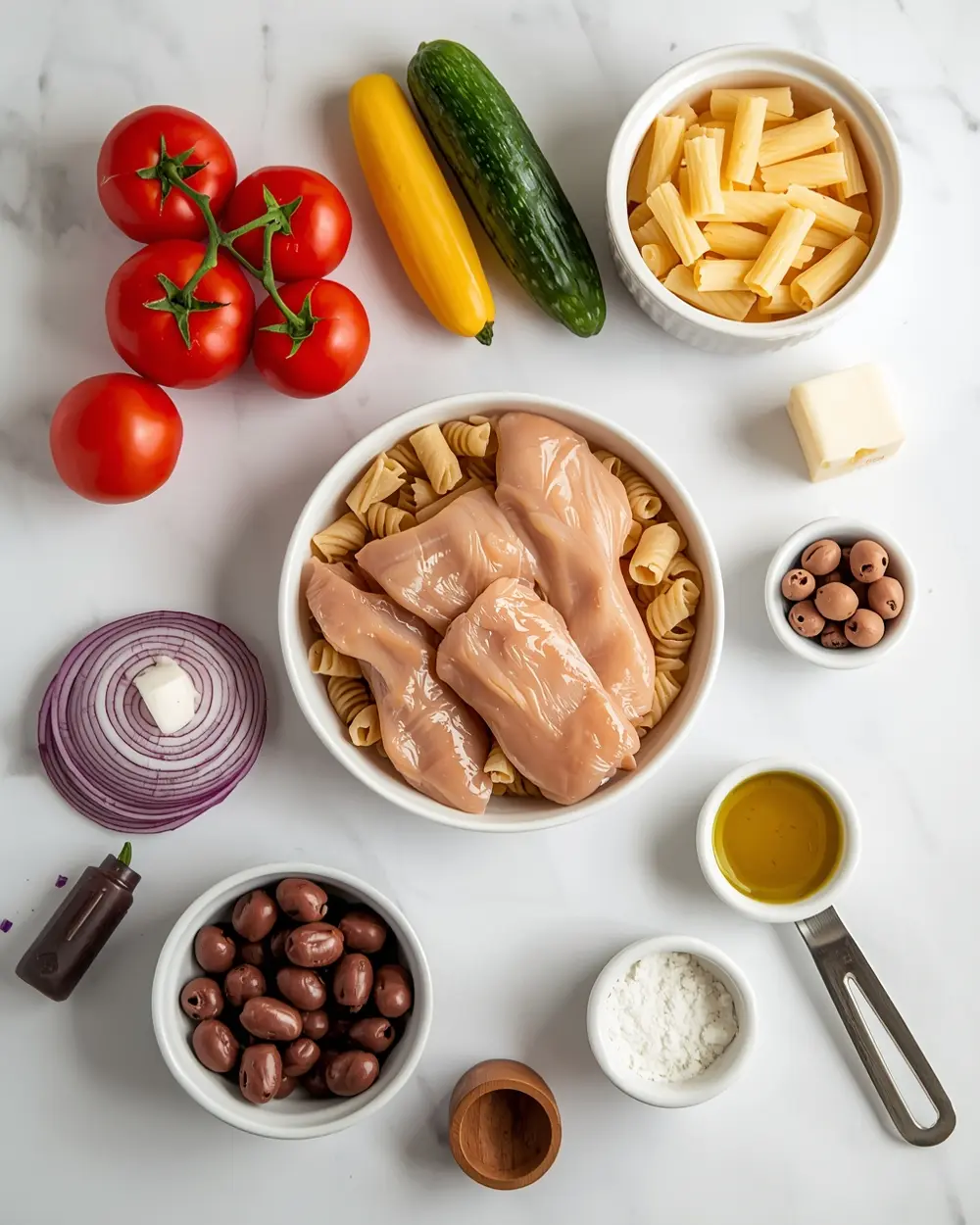 Ingredients for cold chicken pasta salad family summer