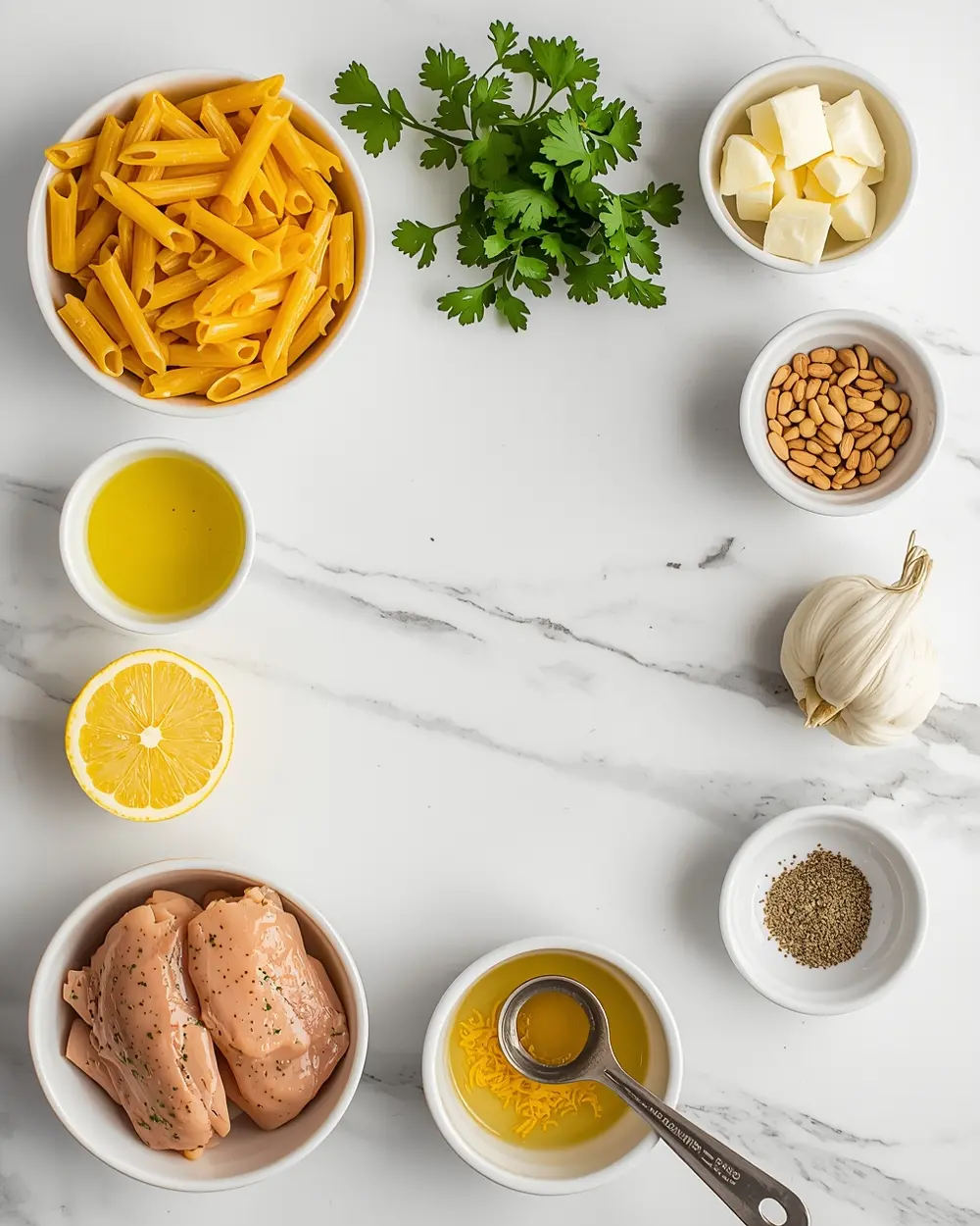 Ingredients for cold lemon pasta family summer