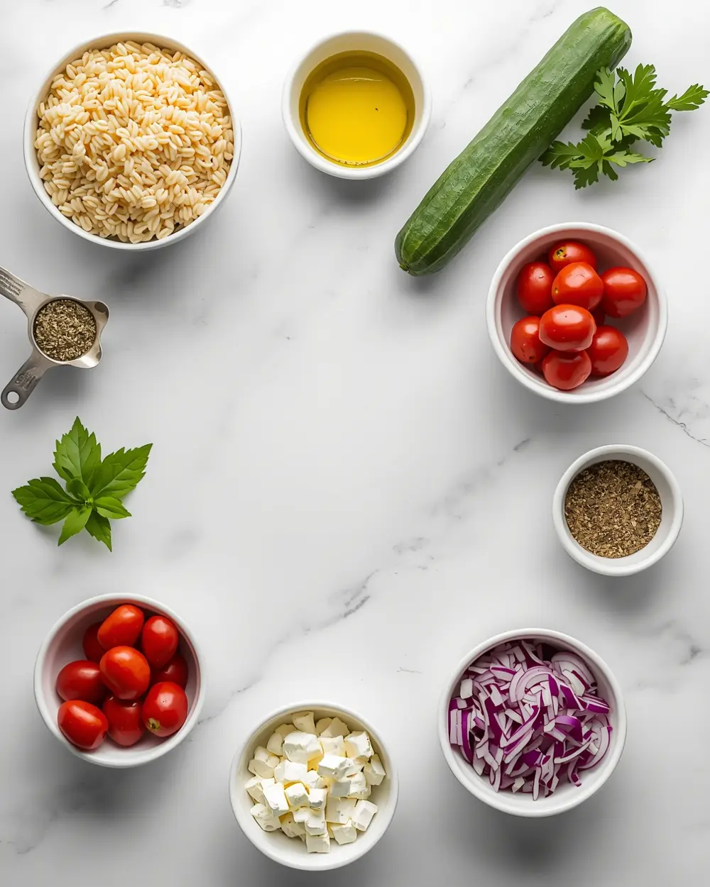 Ingredients for cold orzo salad family summer