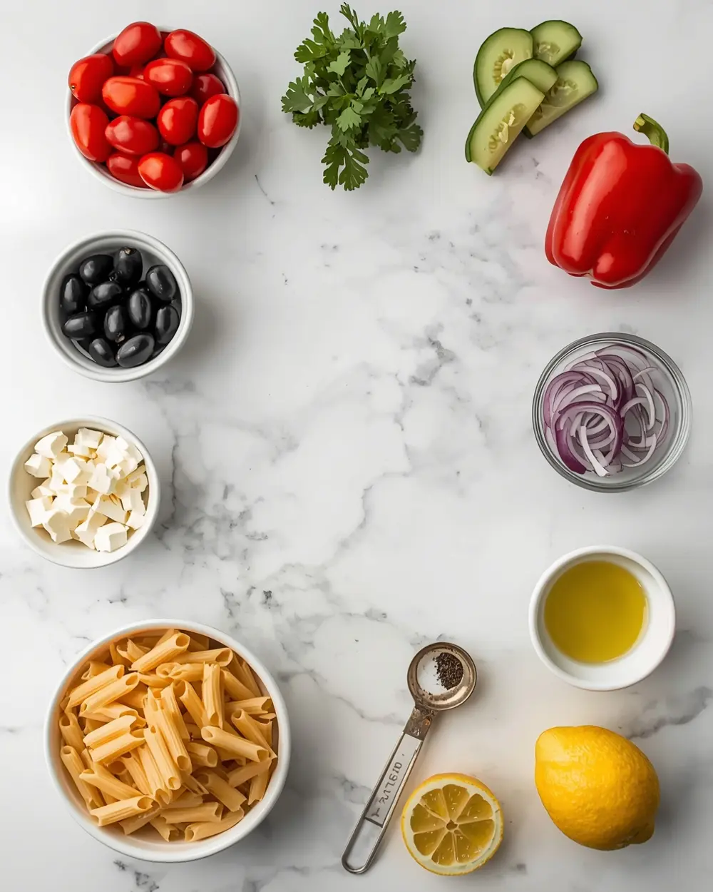 Ingredients for cold pasta salad family summer