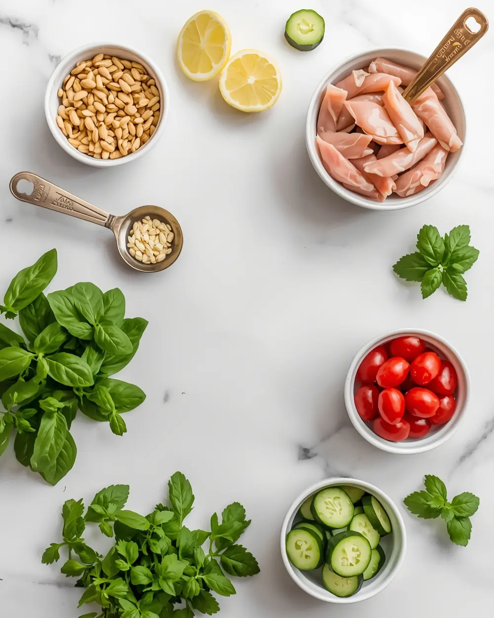 Ingredients for cold pesto pasta family summer