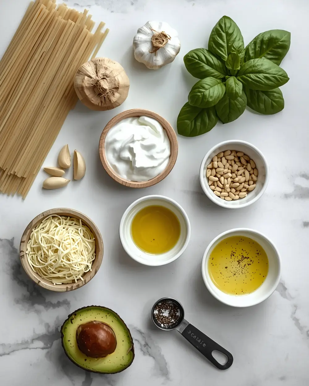 Ingredients for creamy avocado pasta family summer