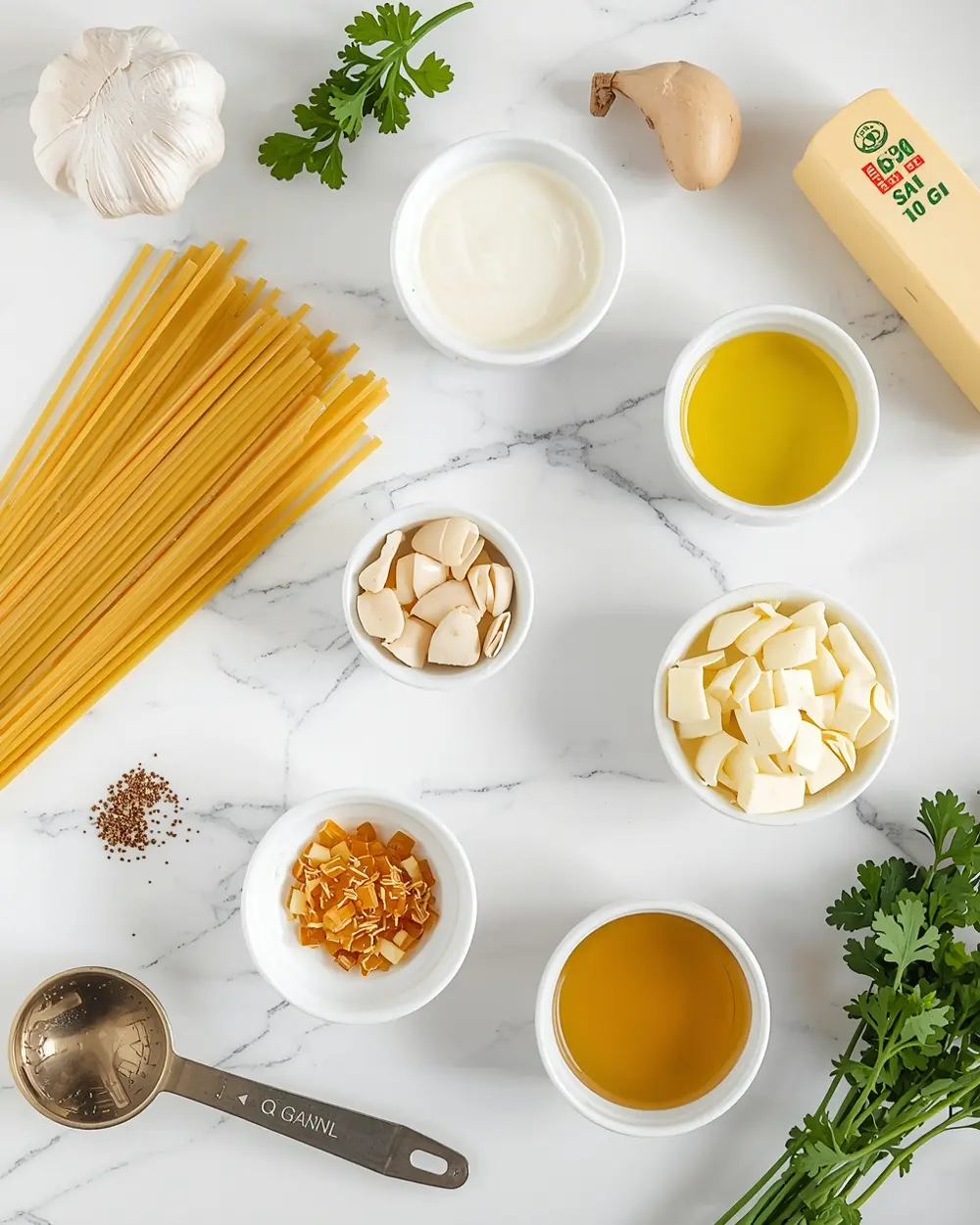 Ingredients for creamy garlic pasta family summer