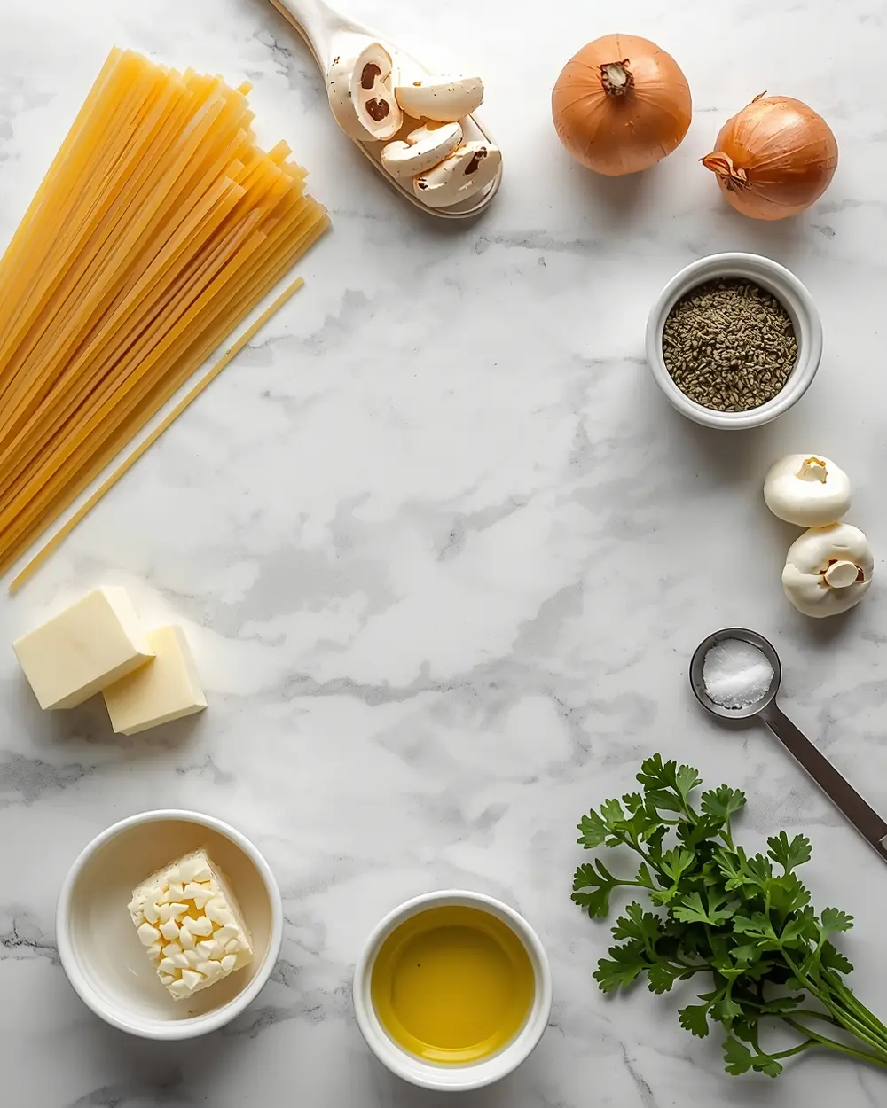 Ingredients for creamy mushroom pasta family summer
