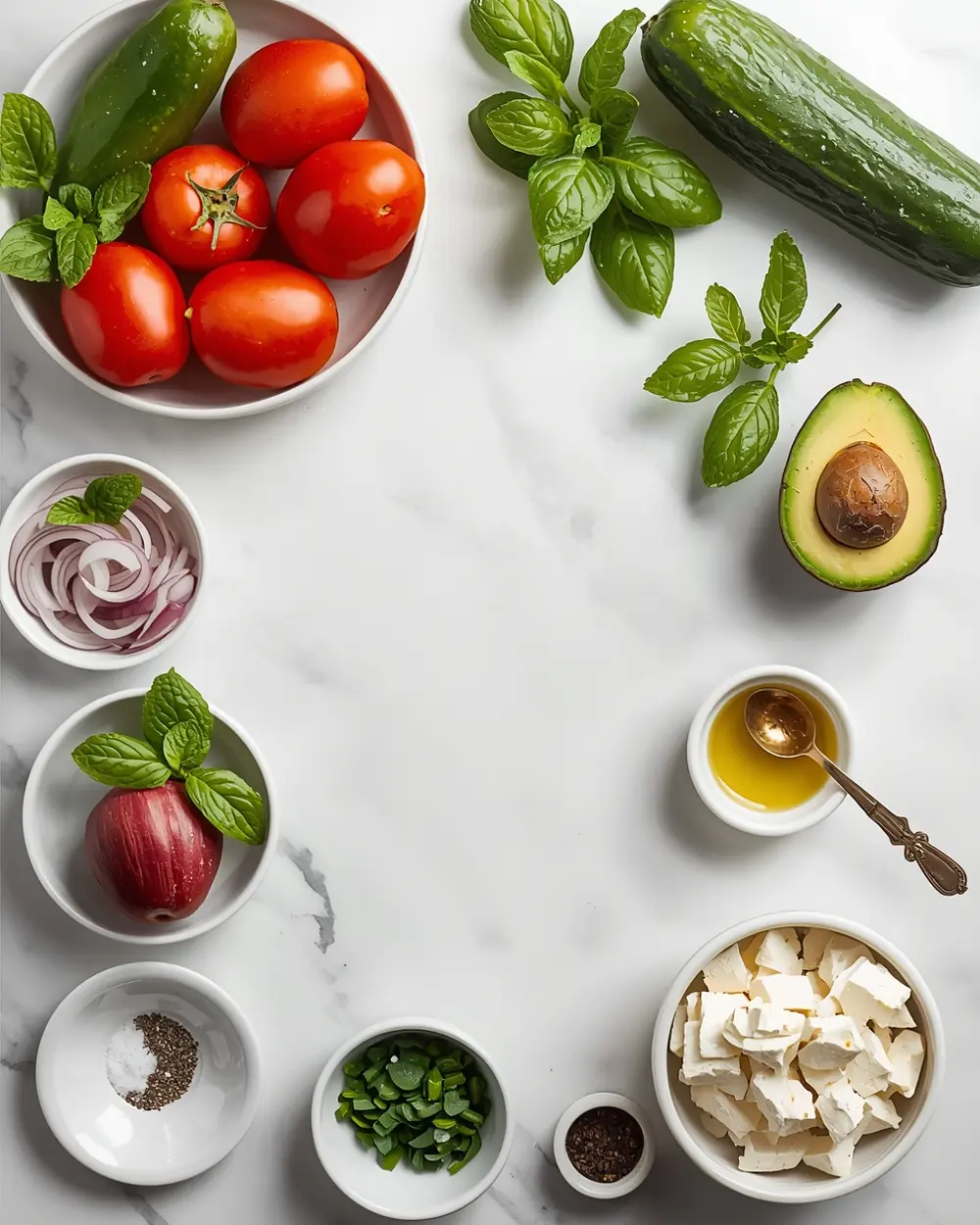Ingredients for cucumber tomato avocado salad family