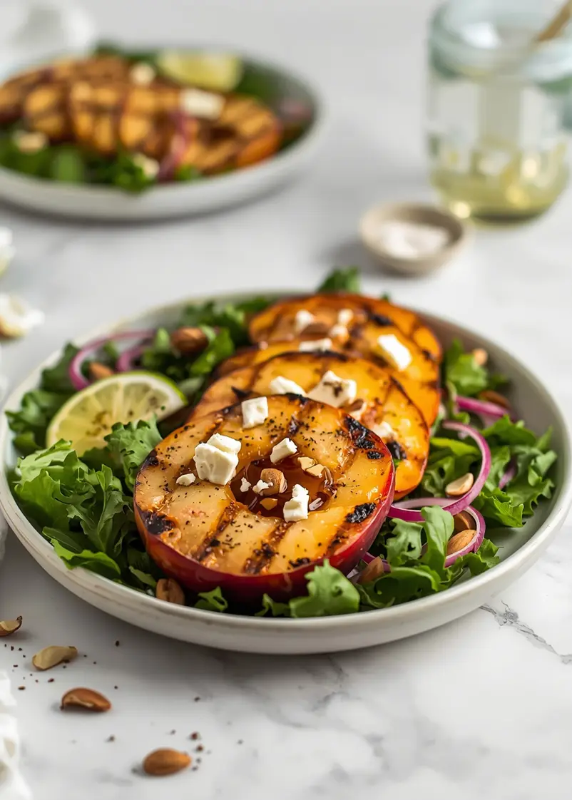 grilled peach salad family summer ready to serve