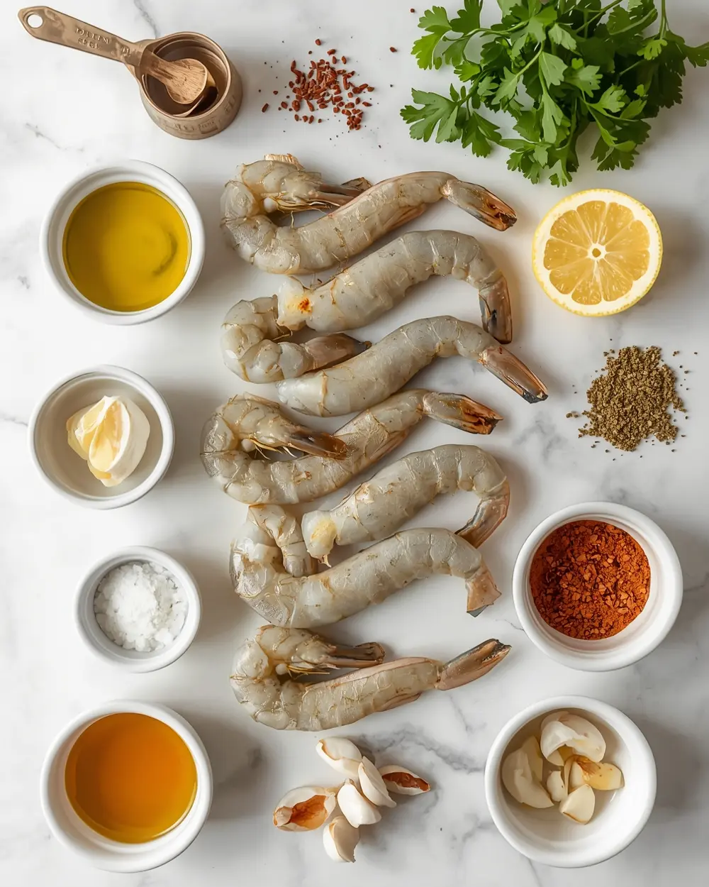 Ingredients for grilled shrimp skewers family summer