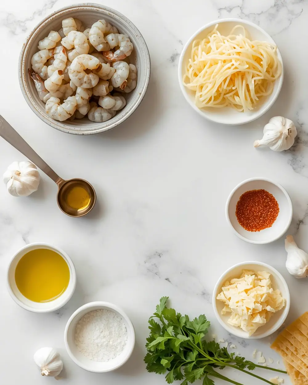 Ingredients for lemon garlic shrimp pasta family summer