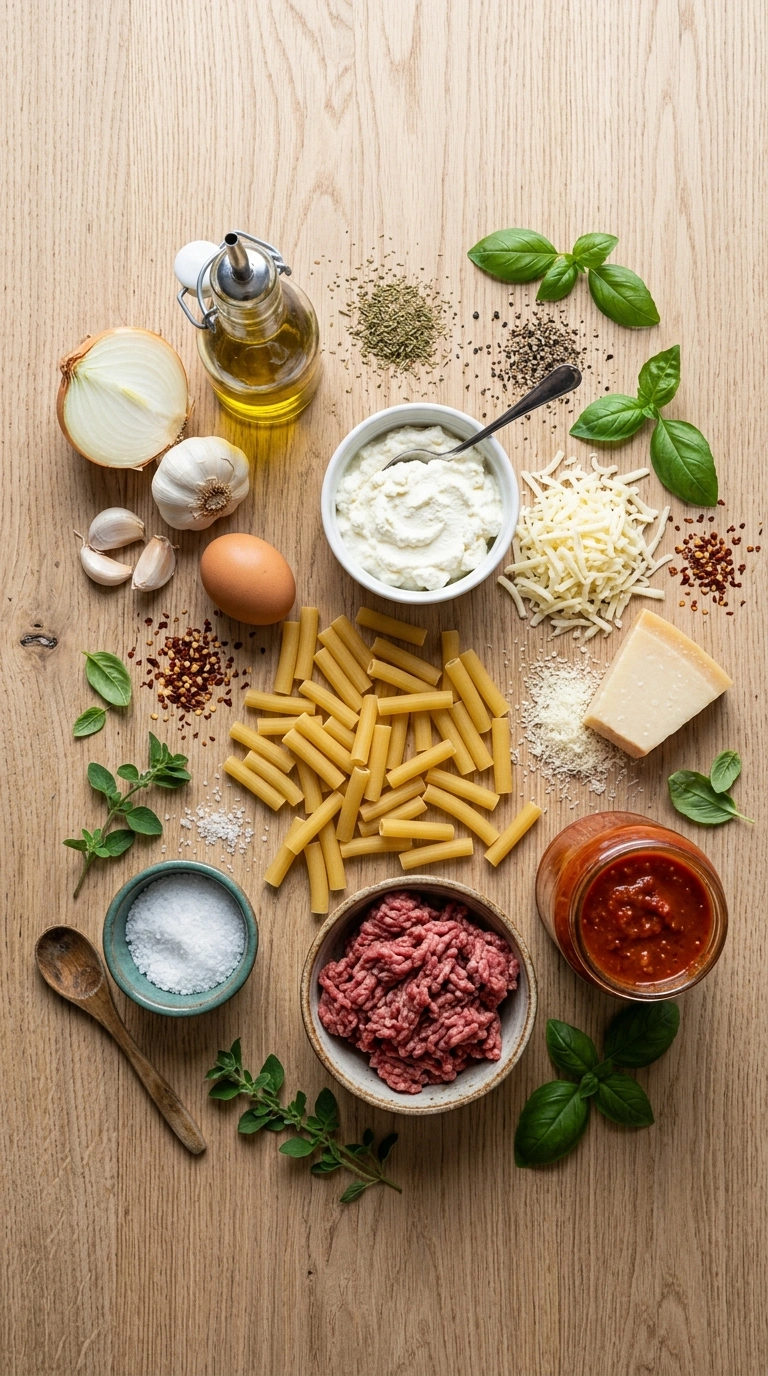 Ingredients for baked ziti family summer