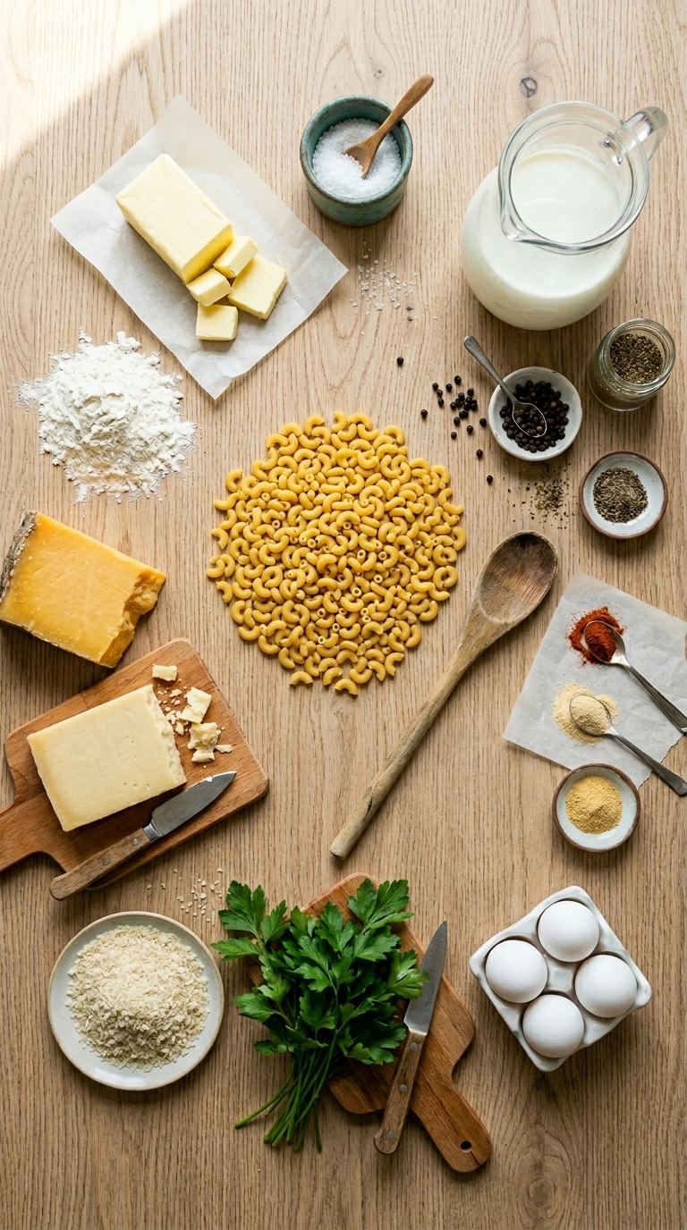 Ingredients for baked mac and cheese family summer