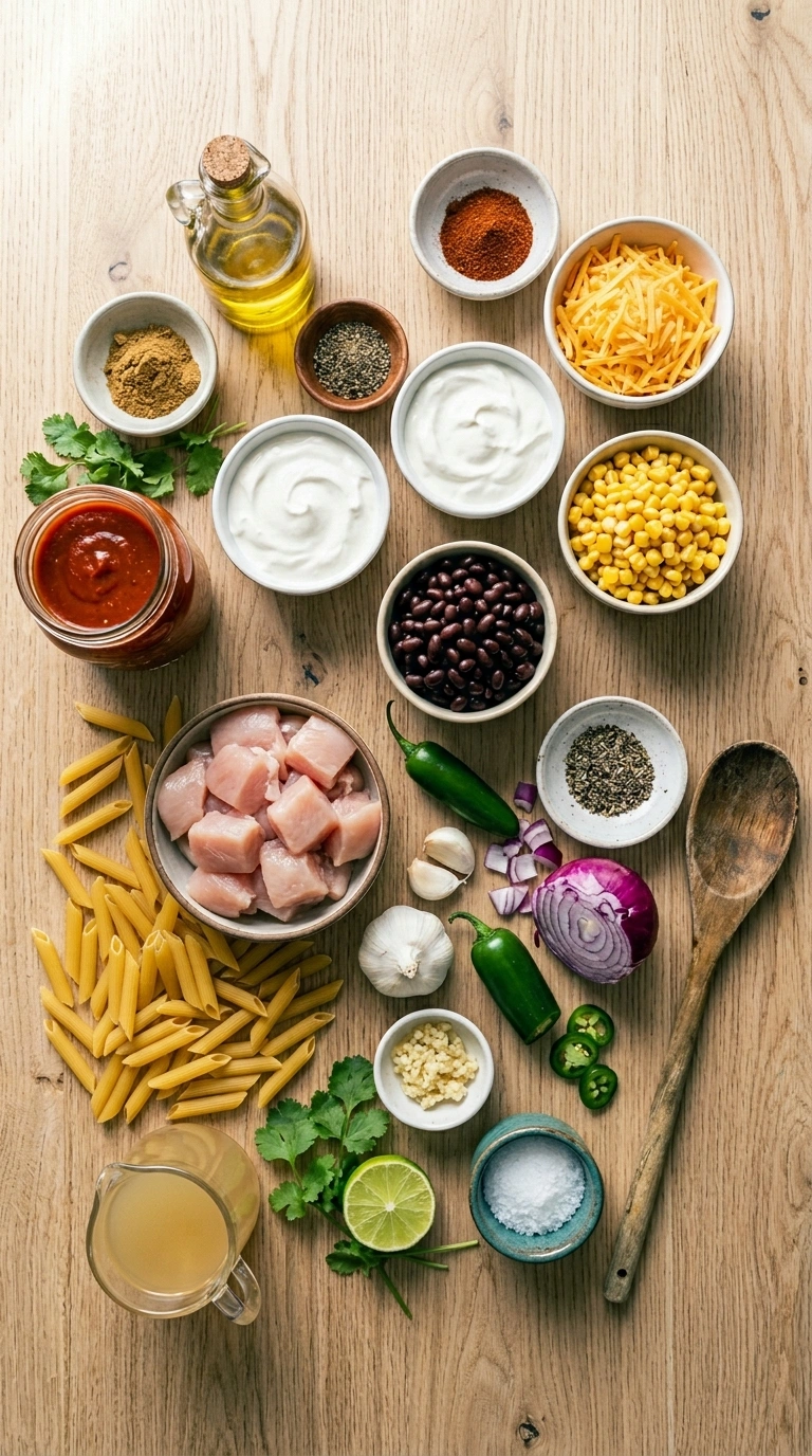 Ingredients for chicken enchilada pasta family summer