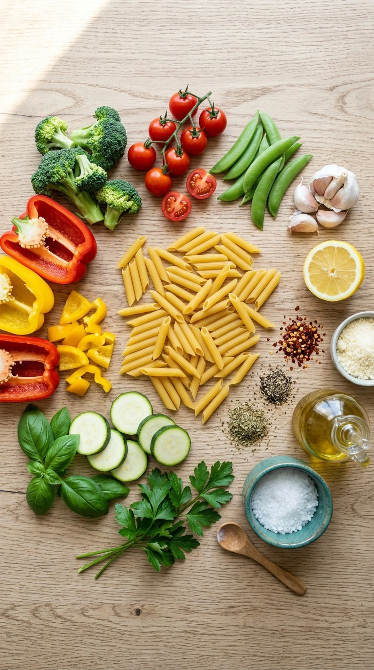 Ingredients for pasta primavera family summer