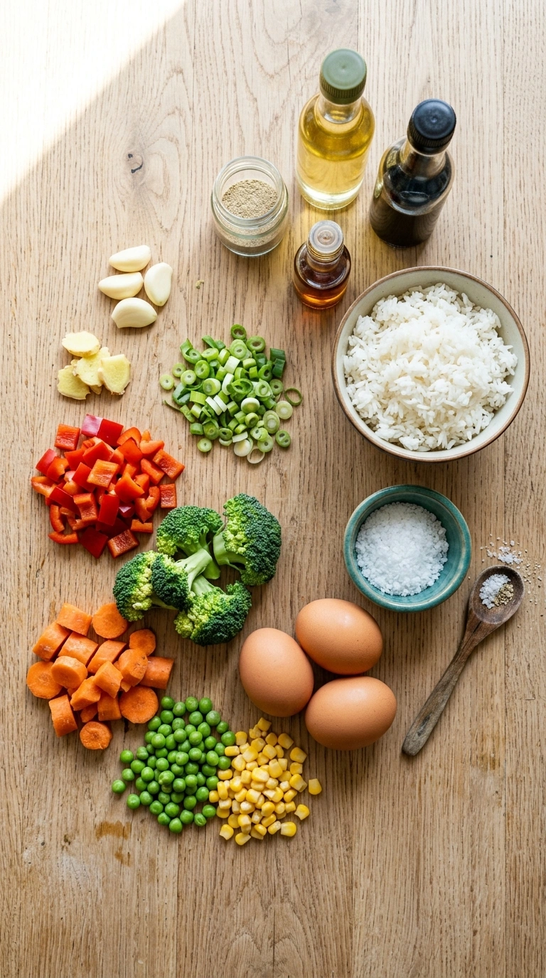 Ingredients for 30 minute veggie fried rice family