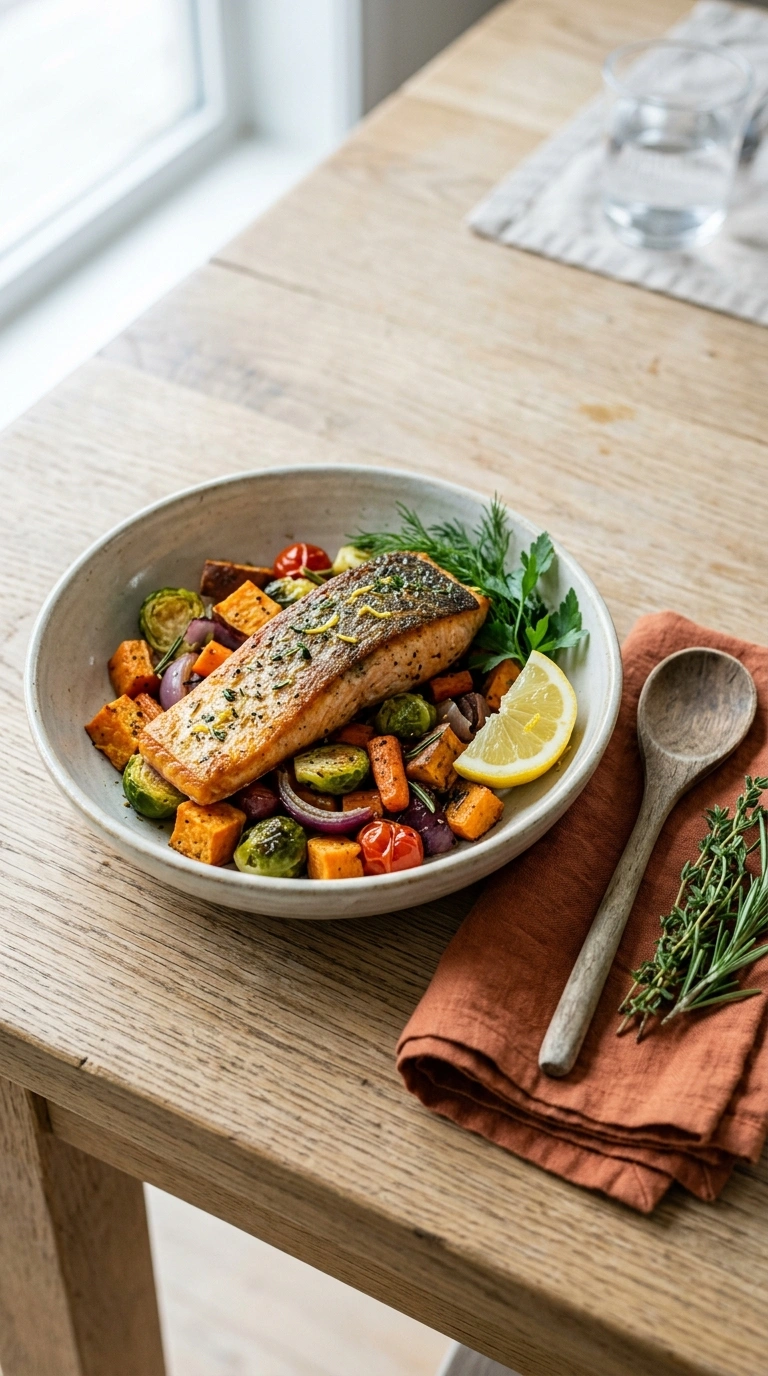 sheet pan salmon family summer dinner ready to serve