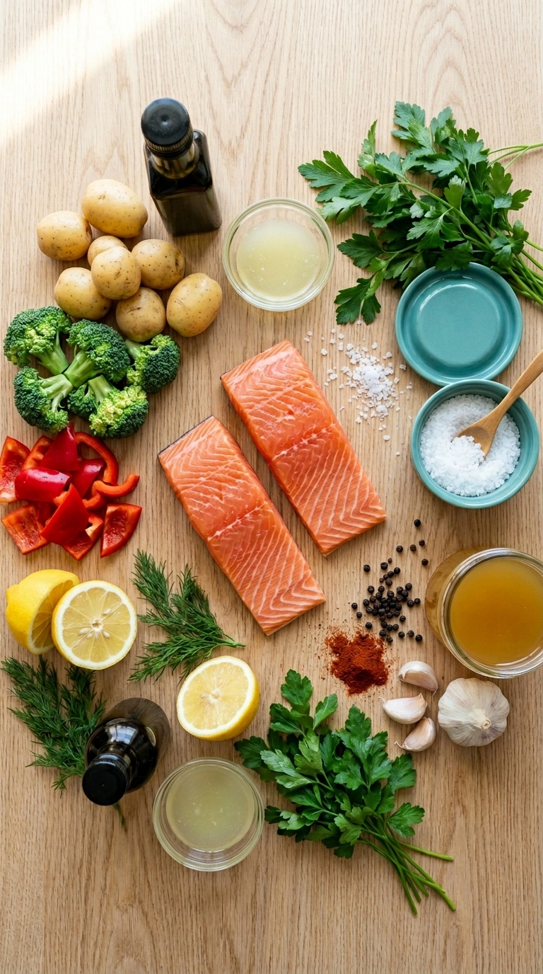 Ingredients for sheet pan salmon family summer dinner