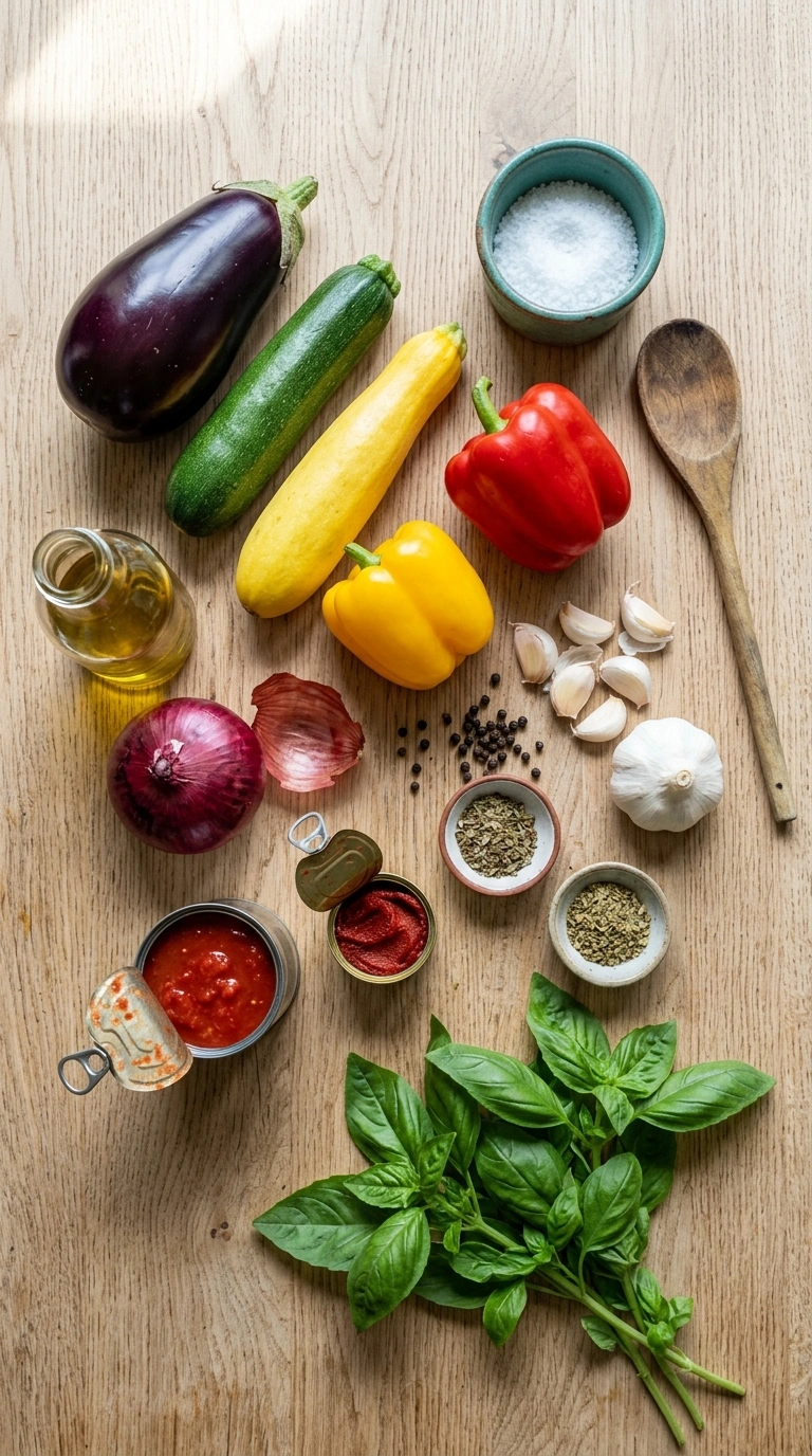 Ingredients for sheet pan ratatouille family summer
