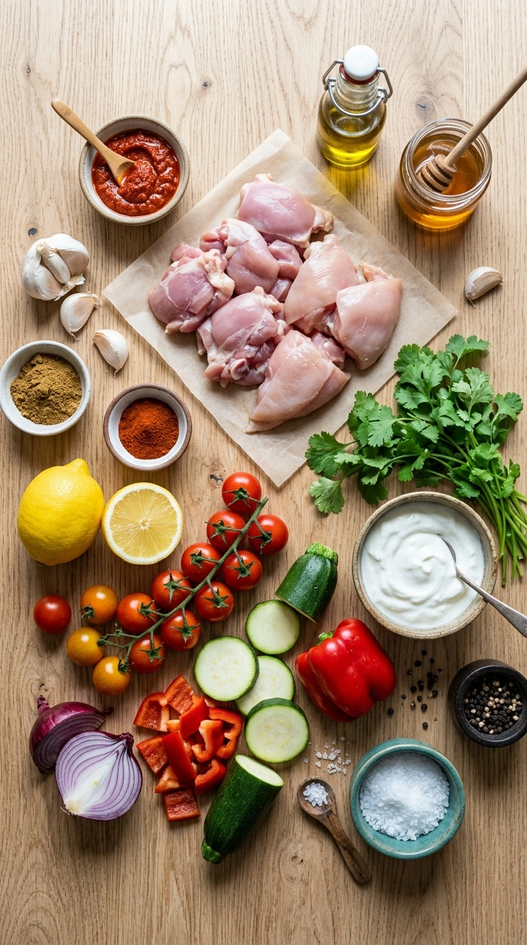 Ingredients for sheet pan harissa chicken family summer