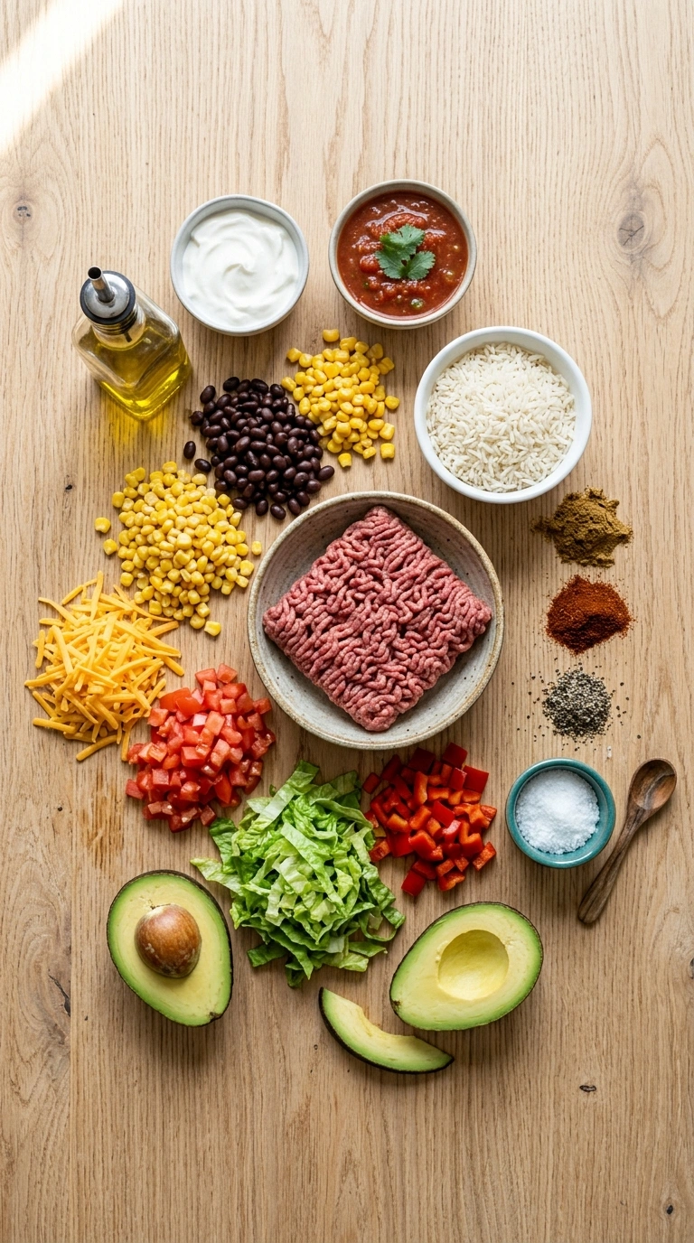 Ingredients for summer burrito bowl family dinner