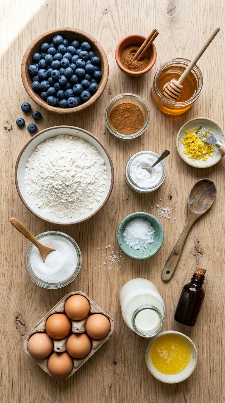 Ingredients for summer blueberry pancakes family