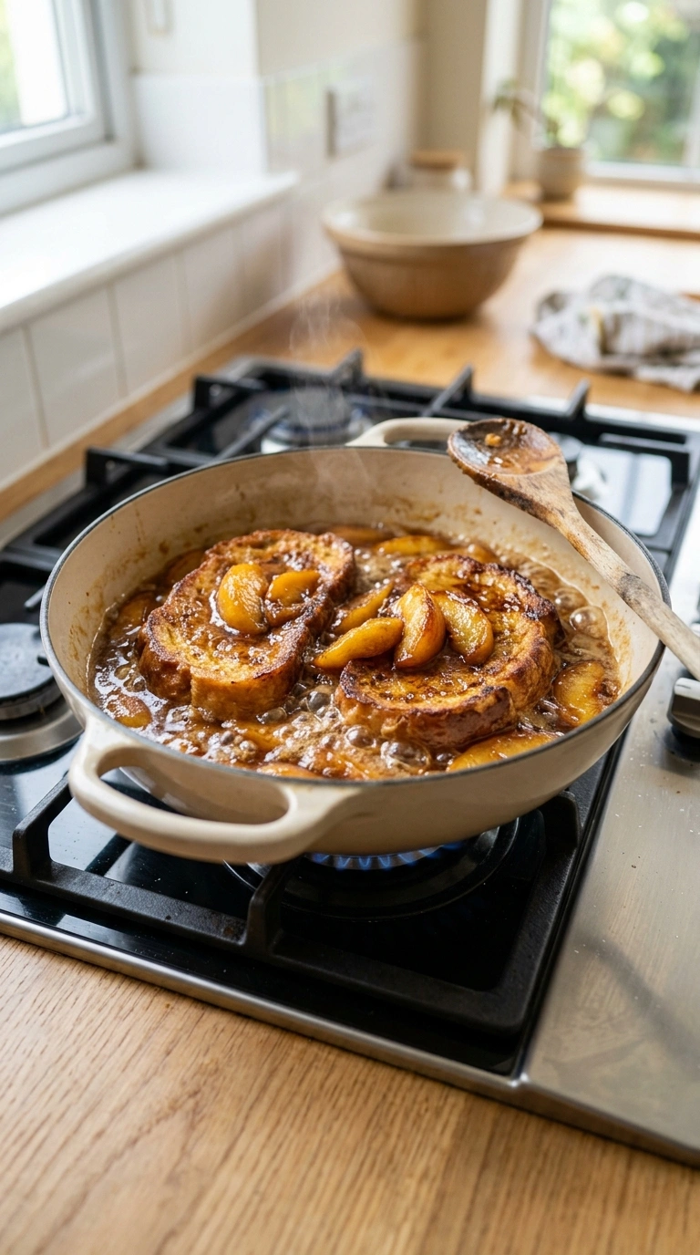 Cooking instructions for summer peach french toast family