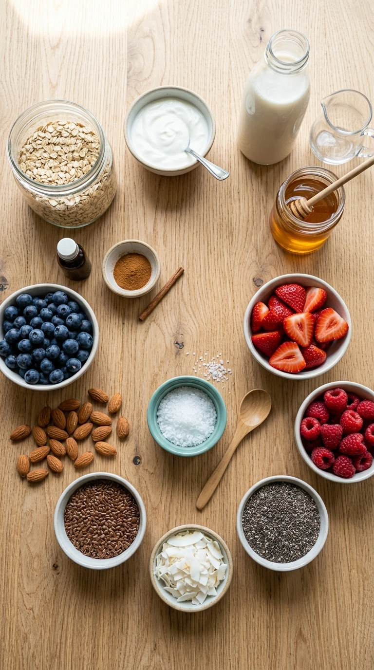 Ingredients for summer berry overnight oats family