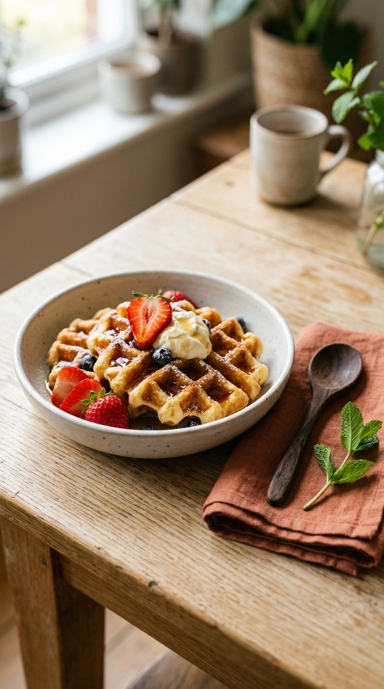 summer strawberry waffles family ready to serve